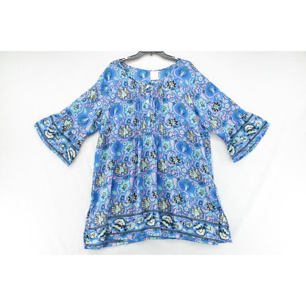 Bold & Beautiful Women's Tunic Top Blouse One Size Blue Floral Silk Flowy Fairy